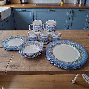 Vintage Arcopal France 20 Pieces Set Blue Gingham & Fruit Plates Bowls & Mug